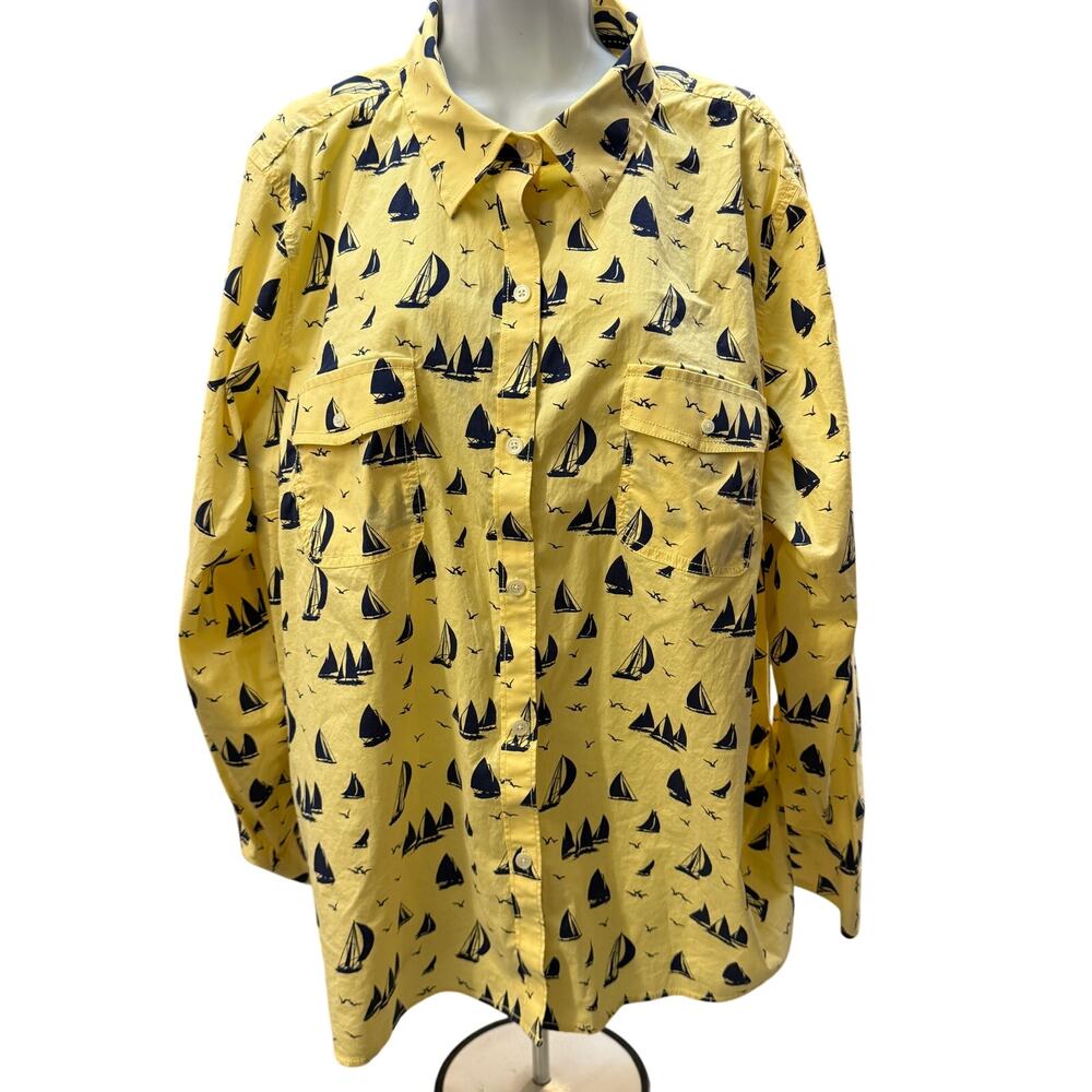⛵ L.L.Bean 3X-EXT Women’s Yellow Sailboat Cotton Button Shirt Coastal Prep